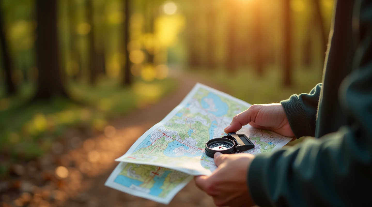 Seniora rokas ar kompass un topogrāfisku karti meža vidū